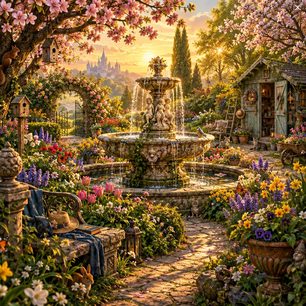 Décor de jardin enchanté illustrant la qualité visuelle du jeu.