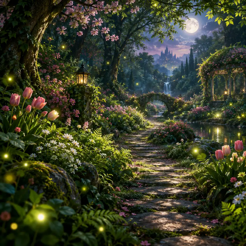 Ambiance printanière enchantée du jeu, jardin fleuri baigné d'une lumière douce.
