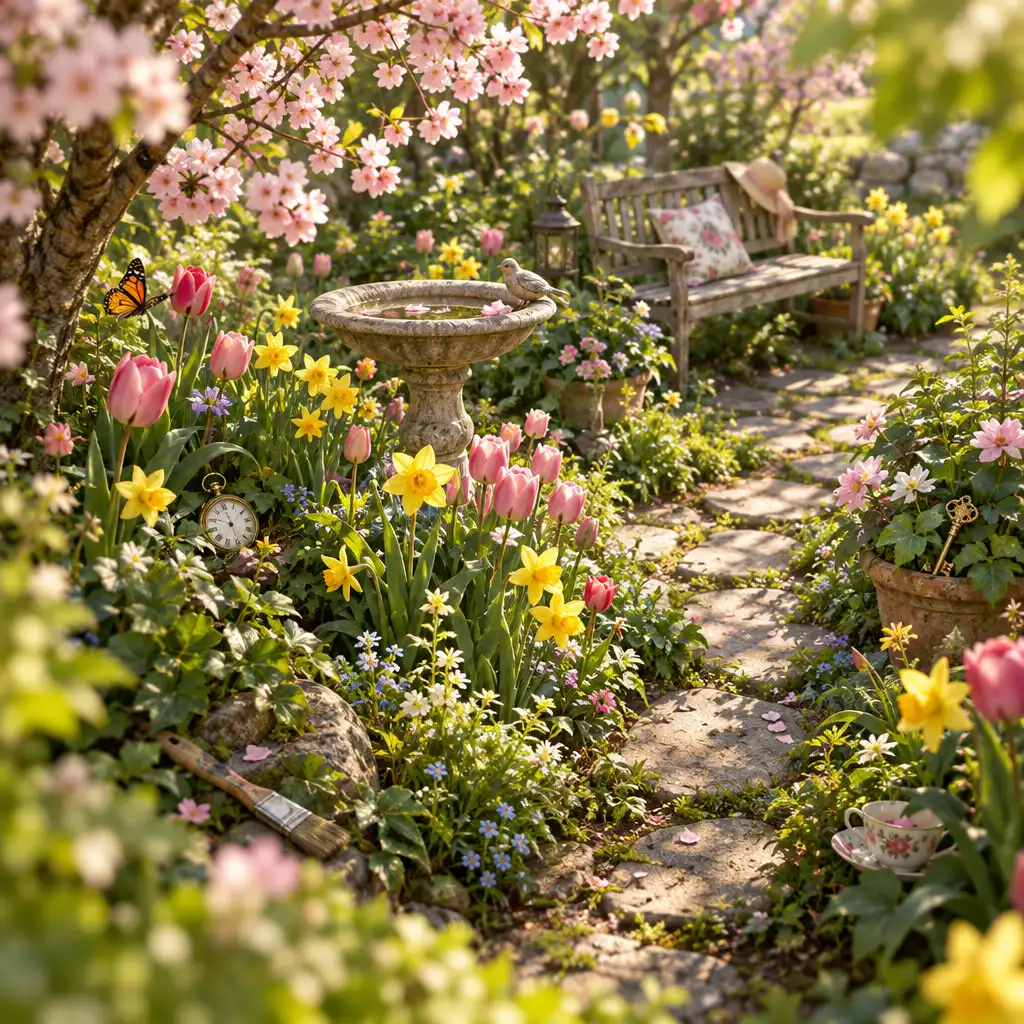 Scène de jardin printanier enchanté avec des objets cachés à découvrir parmi les fleurs et les feuillages.
