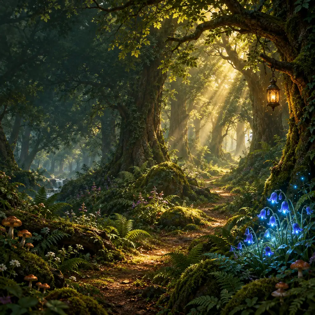 Forêt enchantée aux lueurs douces et feuillages denses.
