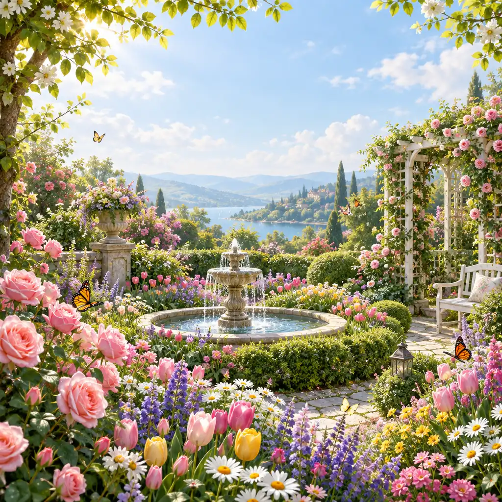 Jardin fleuri enchanté avec massifs colorés et lumière printanière.