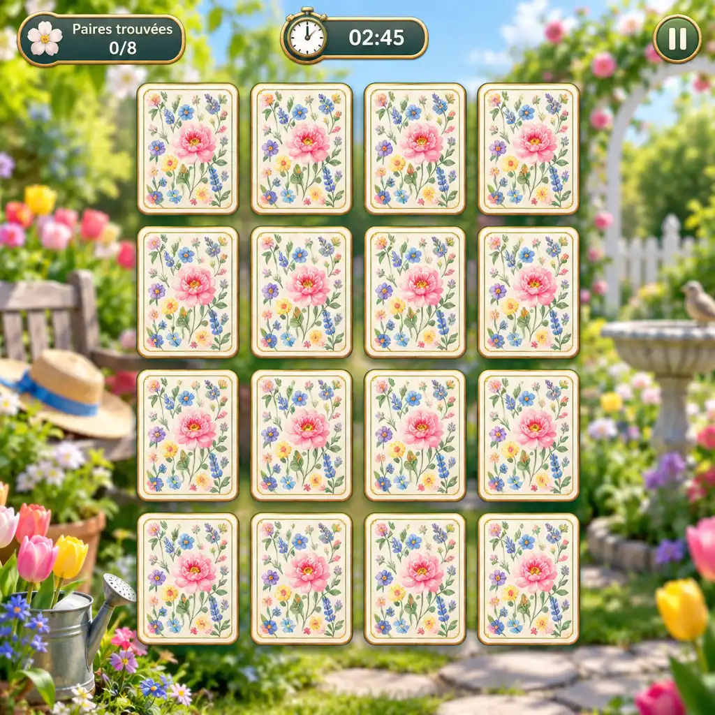 Jeu de mémoire avec des cartes retournées à motifs floraux