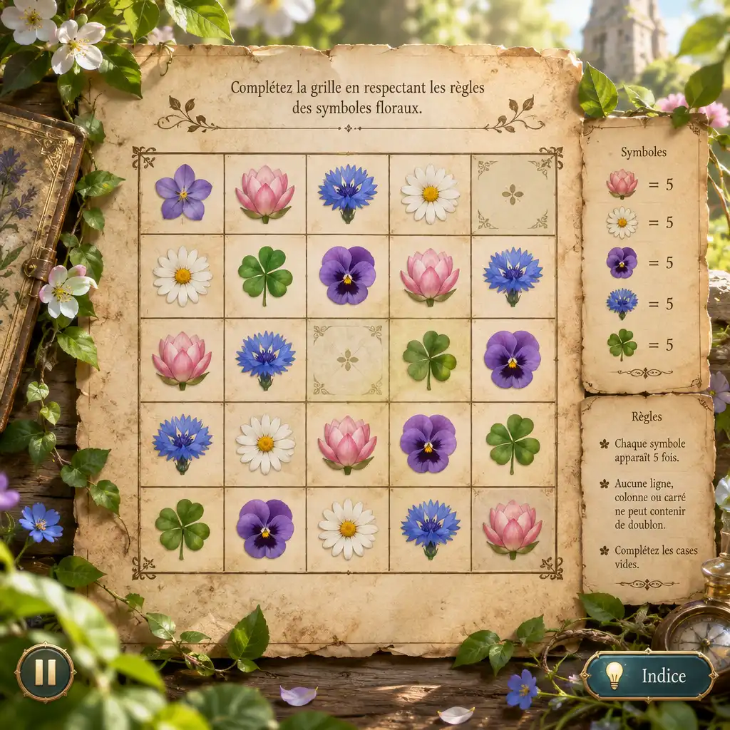 Puzzle de logique avec une grille de symboles floraux à compléter